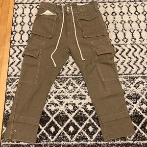 Free People Women's 14 Olive Army Green Cotton Linen Blend Baggy Cargo Pants